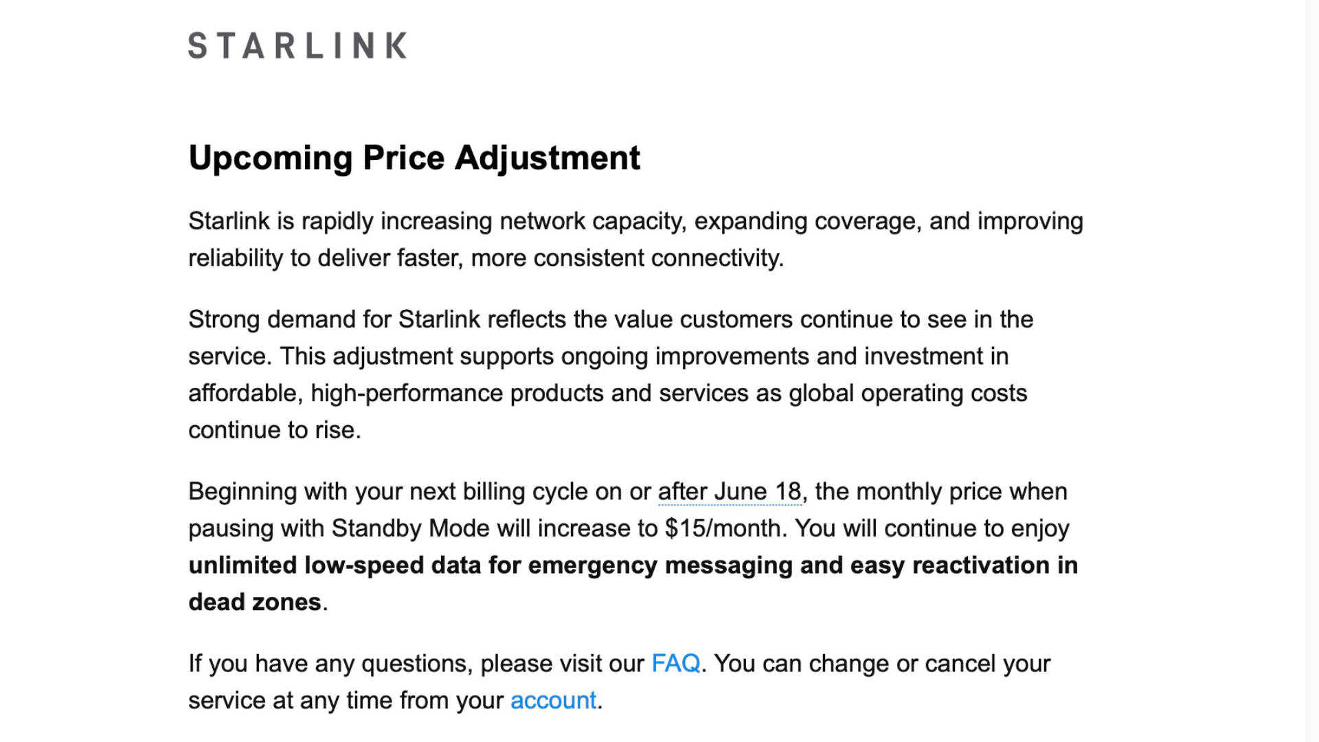 Starlink Standby Mode — Another Price Increase