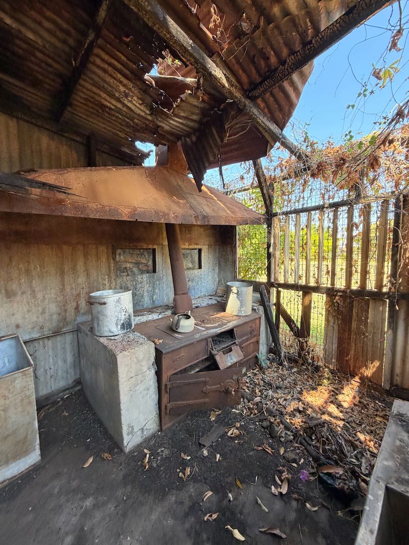 Old bakery stove inside a corrugated iron shed at Kalumburu Mission